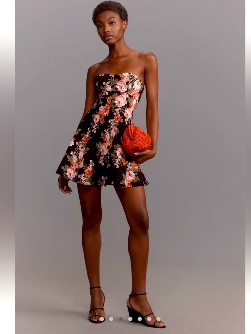 Anthropologie Maeve Black Strapless Mini Dress with Pink Floral Print